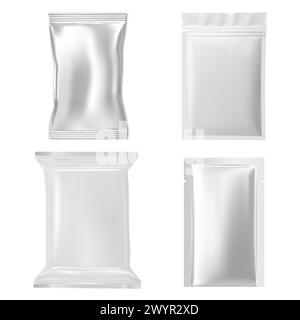 Modell mit Reißverschluss-Folienbeutel. Kunststofftasche für Papier-Gesichtsmaske. Silberne Aluminiumverpackung für Arzneimittel oder Lebensmittel. Schönheitssack für Gesicht Stock Vektor