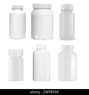 Pillenflasche. Vitamintabletten, Plastikblank. Ergänzung Tablettenbehältnis Design, pharmazeutische Arzneimittelkapsel Medikation Illustration. Verschreibungspflichtiger ph Stock Vektor