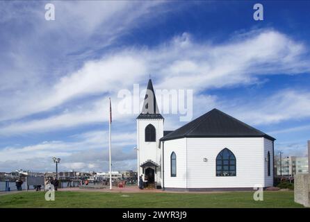 Die norwegische Kirche in Cardiff Bay ist die älteste noch erhaltene norwegische Seamen-Mission-Kirche in Großbritannien, in der Roald Dahl getauft wurde. Stockfoto