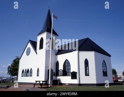 Die norwegische Kirche in Cardiff Bay ist die älteste noch erhaltene norwegische Seamen-Mission-Kirche in Großbritannien, in der Roald Dahl getauft wurde. Stockfoto