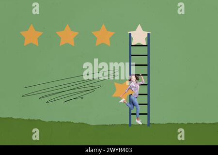 Zusammengesetzte Fotocollage von Happy Girl Climbing Leiter halten Stern hoch Erfolg Bestes Feedback Fortschritt Wachstum isoliert auf gemaltem Hintergrund Stockfoto