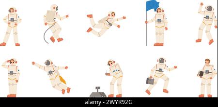 Cartoon-Astronauten. Kosmonauten tragen einen Raumanzug, halten die Flagge und arbeiten mit dem Roboter. Lustige Spaceman-Charaktere in Helmen, kuschelige Vektor-Set Stock Vektor