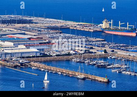 Puerto y Ria de Vigo, Vista desde Parque Monte do Castro, Vigo, Pontevedra, Galicien, Spanien. Stockfoto