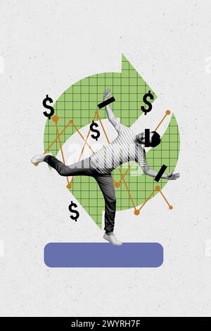 Vertikale Fotocollage des glücklichen Mannes Lüge Handschellen anonyme Pfeile Grafik Trader Dollarzeichen Währung Reichtum isoliert auf gemaltem Hintergrund Stockfoto