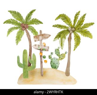 Handgezeichnetes Bild Einer Sommerillustration mit Sand, Palmen, Kakteen und Einem Holzschild Clipart auf weißem Hintergrund Stockfoto