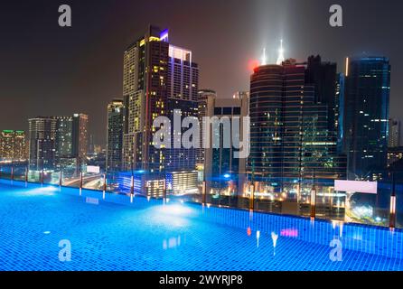 Atemberaubender Blick auf die Wolkenkratzer der Stadt KL, nachts hell beleuchtet, eleganter Pool im Vordergrund mit atemberaubendem Panoramablick Stockfoto