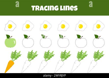 Skizzieren Sie Das Fried Egg, Den Apfel Und Die Karotte Auf Dem Arbeitsblatt Für Die Verfolgung Von Linien Für Vorschulkinder Im Alter Von 4-6 Jahren Stock Vektor