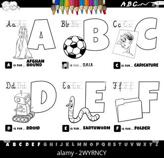 Schwarz-Weiß-Cartoon-Illustration von Großbuchstaben aus Alphabet Lernset zum Lesen und Schreiben Praxis für Kinder aus A bis F colori Stock Vektor