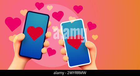 Niedliche Cartoon-Hände, die ein Smartphone mit Hearts-Symbolen halten. Vektorabbildung Stock Vektor