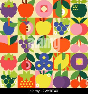 Nahtloses Muster mit Früchten. Geometrischer und minimalistischer Stil. Ideal für Hintergründe, Karten, Poster, Banner, Textildrucke, Abdeckungen, Webdesign. Stock Vektor