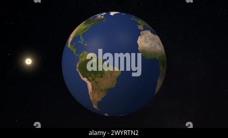 3D-Erdplanet rotiert mit Lichtgeschwindigkeit im Weltraum Stockfoto