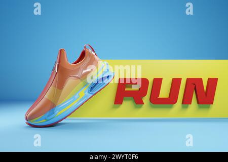 3D-Illustration farbenfroher neuer Sportschuhe auf einer riesigen, bunten Schaumstoffsohle auf einem lila isolierten Hintergrund, Sneakers mit dem Satz Run. Fashiona Stockfoto