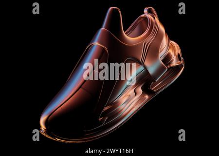 3D-Illustration farbenfroher neuer Sportschuhe auf einer riesigen, bunten Schaumstoffsohle auf einem schwarzen isolierten Hintergrund. Modische Sneakers. Stockfoto