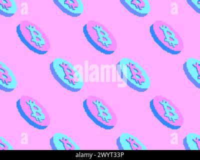 Nahtloses Muster mit Goldmünzen und Bitcoin-Symbol im Pixel-Art-Stil. 3D-Münzen im Stil von 8-Bit-Grafiken klassischer Retro-Spiele. Gestalte Wandpflaster Stock Vektor