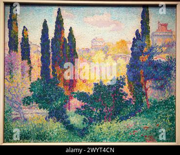 "Les Cyprès à Cagnes" 1908. Henri-Edmond Cross. Musée d'Orsay. Orsay Museum. Paris. Frankreich. Stockfoto