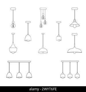 Symbol für die Kontur des Leuchtenlogos. Kronleuchter im Loft-Stil. Vektor der Lampe mit schwarzer Linie. Vektorabbildung. Innenraumbeleuchtung. Stock Vektor