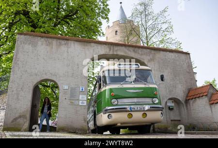 Zschopau, Deutschland. April 2024. Ein historischer Ikarus-Bus 55,51 aus dem Jahr 1962 verlässt den Innenhof der Burg Wildeck. An vier Tagen in den kommenden Monaten können Interessenten die vier sächsischen Motorradmuseen im Oldtimerbus besuchen. Quelle: Hendrik Schmidt/dpa/Alamy Live News Stockfoto