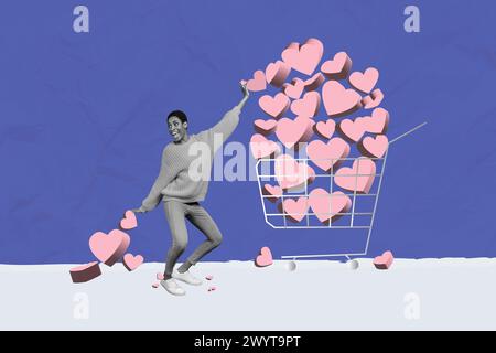 Skizzenbild Composite Trend Artwork Foto Collage von jungen attraktiven glücklichen Dame tragen in riesigen Kutschenstapel Herz 3D Form Geschenke Stockfoto