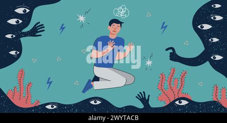 Paranoia Schizophrenie psychische Erkrankung abstraktes horizontales Banner. Menschliches Psychose-Denken und Angstattacke oder Angstgefühle. Paranoide Geistesgesundheit. Psychologiekrankheit innere Stimmen EPS-Poster Stock Vektor