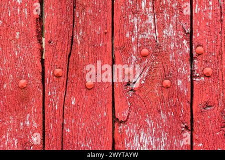 Rote Rissfarbe auf alten, wetterdurchfluteten Garagentoren - Naillers, Vienne (86), Frankreich. Stockfoto