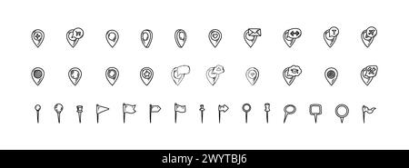 Positionsstifte und Flaggensymbole festgelegt. Positionsmarkierung der Kritzelung. Sketch Restaurant, Fitnessstudio, Bar, Flughafen, Krankenhaus, Laden, Universität genau. Handgezeichnetes gps na Stock Vektor