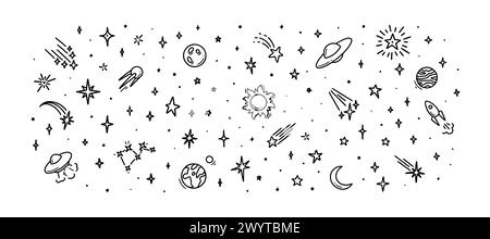Niedliche Linie Doodle Raum Hintergrund. Handgezeichnete Planeten, Sonne, Mond, Sterne, Raumschiff-Sammlung. Kindliche Zeichnung kosmische Illustration. Buntstift, Tinte, Stift Stock Vektor