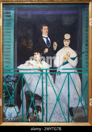 'Der Balkon' 1868. Edouard Manet. 1832 - 1883. Berthe Morisot, die Geigerin Fanny Claus, und hinter den Frauen steht der Maler Antonin Guillemet. Musé Stockfoto