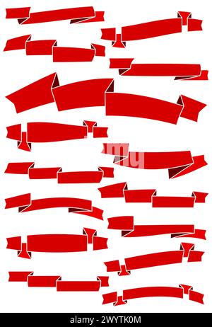 Set aus 15 roten Zeichentrickbändern und Bannern für Webdesign. Großartiges Designelement isoliert auf weißem Hintergrund. Vektorabbildung. Stock Vektor