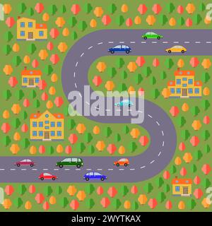 Plan des Dorfes. Landschaft mit Straße, Wald, Autos und Häusern. Vektorabbildung Stock Vektor