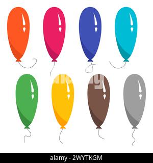 Set aus acht bunten Ballons mit einer Schnur isoliert auf weißem Hintergrund. Vektorabbildung Stock Vektor