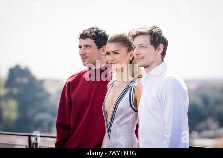 ROM, ITALIEN - 08. APRIL: Zendaya, Luca Guadagnino, Josh O'Connor, Mike Faist, Rachel O'Connor nehmen am Fotoruf für „Challengers“ im Hotel Hass Teil Stockfoto