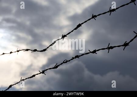 Silhouette aus rostigem Stacheldraht vor dem dramatischen Himmel mit dunklen Wolken. Hintergrund für Gefängnis, Krieg oder Einwanderung Stockfoto