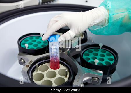 Zentrifuge, Abteilung Zellkultur, Forschung in Onkologie und Regenerative Medizin, Biodonostia Health and Biomedicine Research Institute, San Sebastian, Donostia, Gipuzkoa, Euskadi, Spanien. Stockfoto