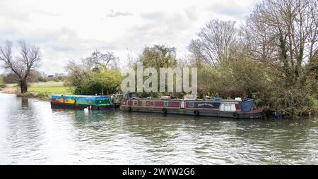 Traumfänger schmales Boot und farbenfrohes Weitbalkenboot auf dem Fluss Cam, Köder Bite Lock, Milton, Cambridgeshire, England, UK Stockfoto