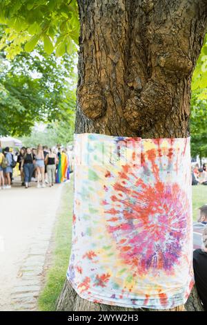 Ein lebendiger Krawattenstoff, der auf einem Baum beim Sommerfest im Freien präsentiert wird Stockfoto