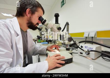 Lupe. Analyse der Fehlerursachen von Komponenten und Systemen. Technologische Dienstleistungen für die Industrie. Tecnalia Research & Innovation, Donostia, San Sebastian, Gipuzkoa, Baskenland, Spanien. Stockfoto