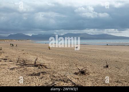 Strand, Menschen, Wolken, Berge, LLanddwyn Bay, Newborough, Anglesey Island, Wales, Großbritannien Stockfoto