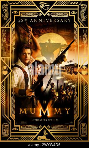 The Mummy (1999) von Stephen Sommers mit Brendan Fraser, Rachel Weisz und John Hannah. Blockbuster-Remake des Films von 1932, in dem die mumifizierte Leiche eines ägyptischen Priesters, Imhotep, versehentlich wieder zum Leben erweckt wird. US-Poster mit einem Blatt für die Neuveröffentlichung zum 25. Jahrestag ***NUR FÜR REDAKTIONELLE ZWECKE***. Quelle: BFA / Universal Pictures Stockfoto