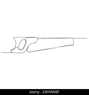 Handsäge durchgehende Linienzeichnung. Heimwerkzeug zum Schneiden von Holz. Einfaches, handgezeichnetes Vektorentwurzelelement. Illustration für Industrie und Konstruktion Stock Vektor
