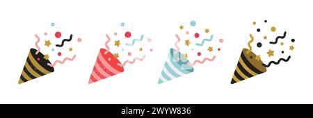 Party Popper Hut, Happy Birthday Cracker, Geburtstagskappe mit Glitzer Konfetti Set. Vektorabbildung in abgewickelter Form Stock Vektor