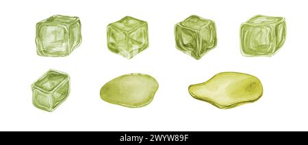 Set mit Eiswürfeln aus Früchten. Schmelzender Eiswürfel und wassergrüne gelbe Tropfen. Gefrorener Saft. Aquarellillustration für Menü, Cocktailparty Stockfoto