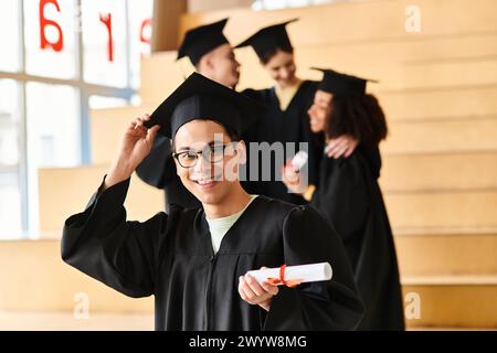 Ein Mann mit unterschiedlichem Hintergrund feiert den Abschluss in Mütze und Kleid und zeigt stolz sein Diplom. Stockfoto