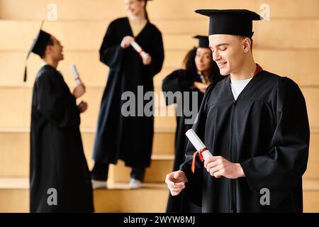 Ein vielseitiger Mann im Abschlusskleid hält stolz sein Diplom. Stockfoto