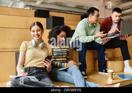 Eine vielfältige Gruppe von Schülern, darunter ein schwarzes Mädchen, genießt Musik, während sie mit aufgesetzten Kopfhörern auf Stufen sitzen. Stockfoto