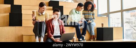 Eine multikulturelle Gruppe von Schülern in einem pädagogischen Umfeld sitzt auf Steintreppen, plaudert und genießt die Gesellschaft. Stockfoto