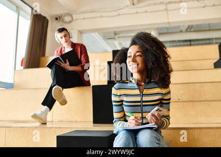 Eine Frau afroamerikanischer Abstammung sitzt auf Stufen, hält ein Notizbuch und einen Stift, tief in Gedanken Stockfoto