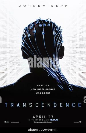 Transscendence (2014) unter der Regie von Wally Pfister mit Johnny Depp, Rebecca Hall und Morgan Freeman. Der Antrieb eines Wissenschaftlers nach künstlicher Intelligenz nimmt gefährliche Folgen an, wenn sein eigenes Bewusstsein in ein solches Programm hochgeladen wird. Foto eines Original-Posters aus dem Jahr 2014. ***NUR REDAKTIONELLE VERWENDUNG*** Credit: BFA / Warner Bros Stockfoto