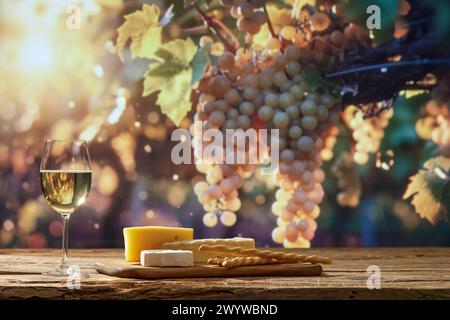Glas mit biologischem, fermentiertem Weißwein und verschiedenen Käsesorten an Bord als Vorspeise für Weindegustation mit Weinzweigen im Hintergrund Stockfoto