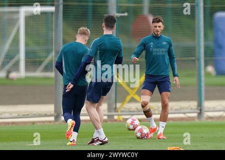 London Colney, Großbritannien. April 2024. Ben White von Arsenal während des Trainings der Arsenal-Mannschaft vor dem 1. Leg-Fußballspiel der UEFA Champions League gegen Bayern München im Arsenal FC Training Centre, London Colney, England, Großbritannien am 8. April 2024 Credit: Every Second Media/Alamy Live News Stockfoto