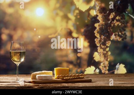 Malerische Szene mit Weinglas und Käsevorspeisen mit Traubenbäumen im Hintergrund, die das Wesen der Weinherstellung symbolisieren Stockfoto